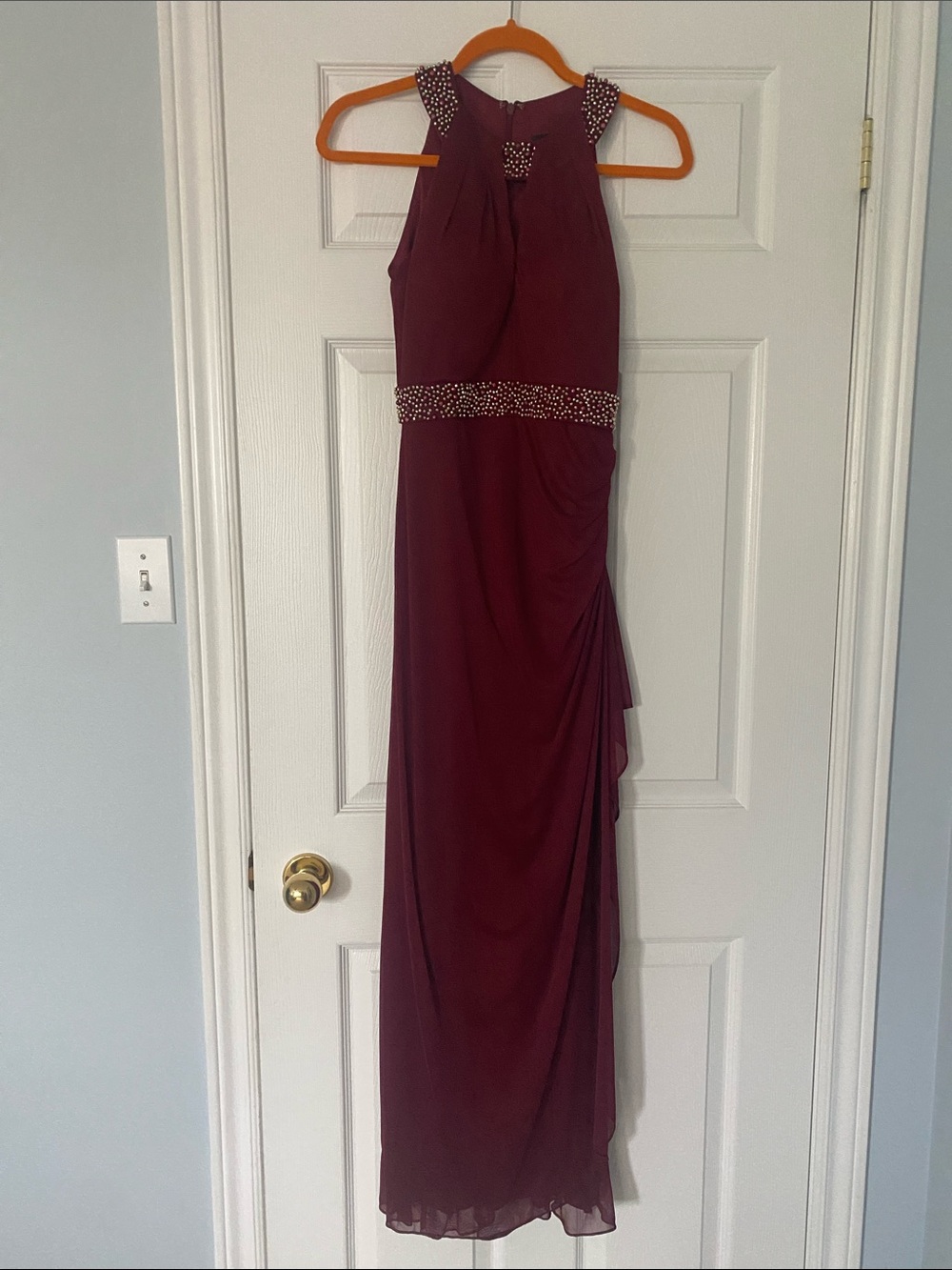 Xscape Beaded Burgundy Halter Gown